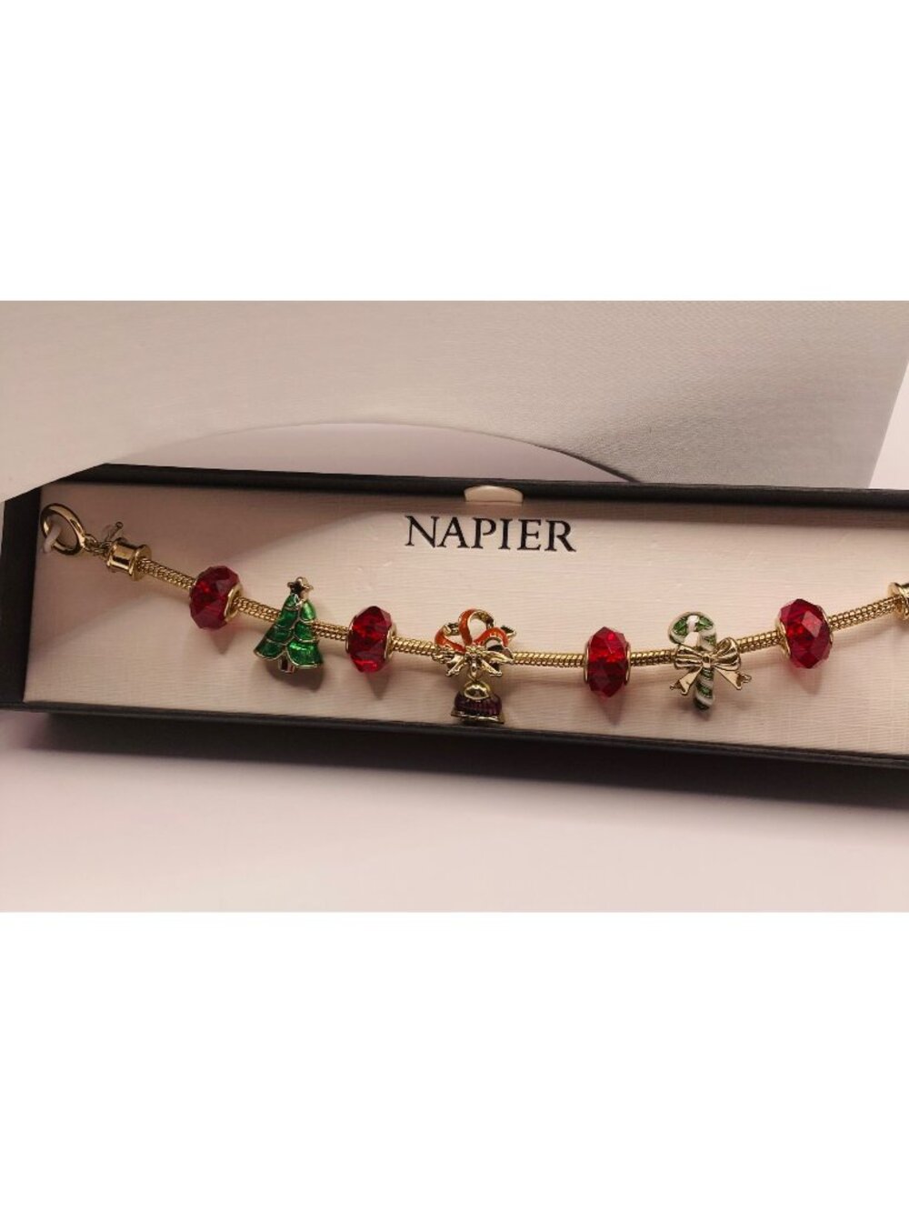 Napier Gold Tone Holiday Christmas Charm Bracelet Goldtone Candy Cane Tree -9